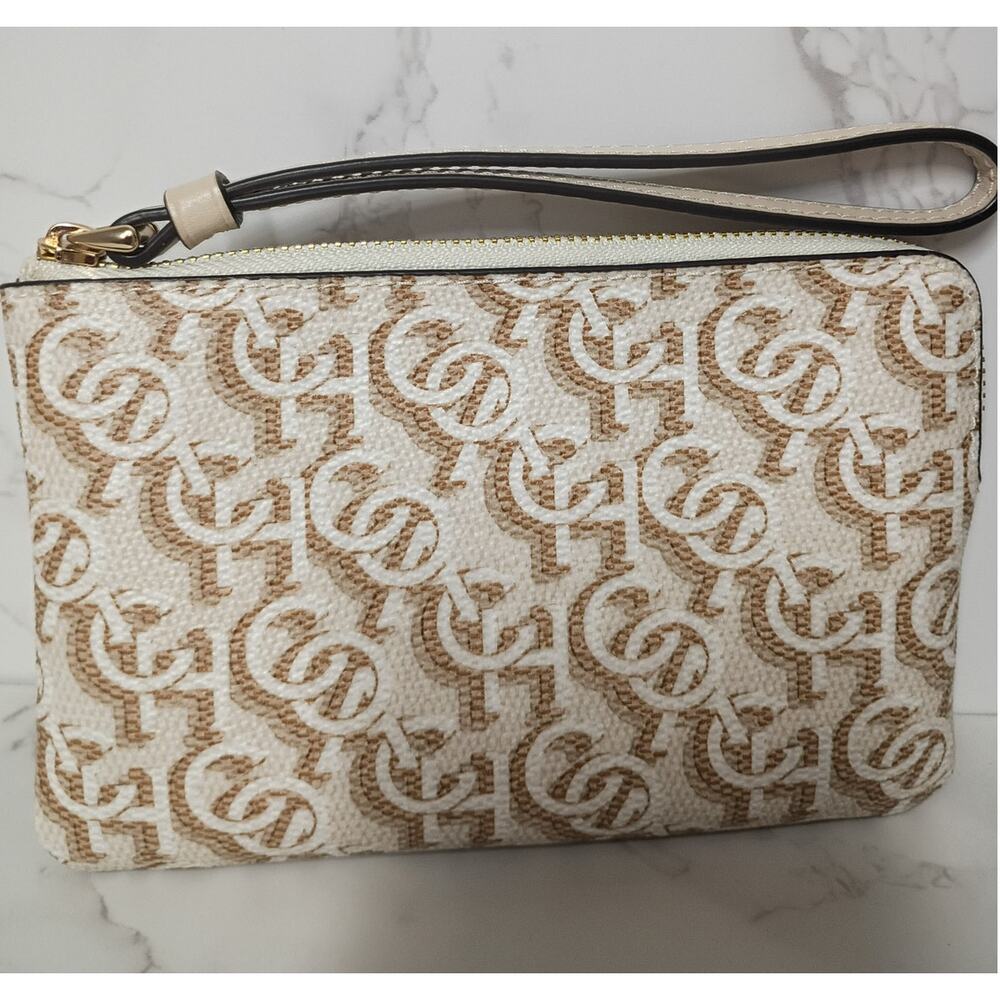 COACH Chalk Tan Monogram Print Corner Zip Wristlet - NWT